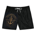 Helmwright Co. Anchor Logo Swim Shorts — Men's Black Mid-Length Beach Trunks