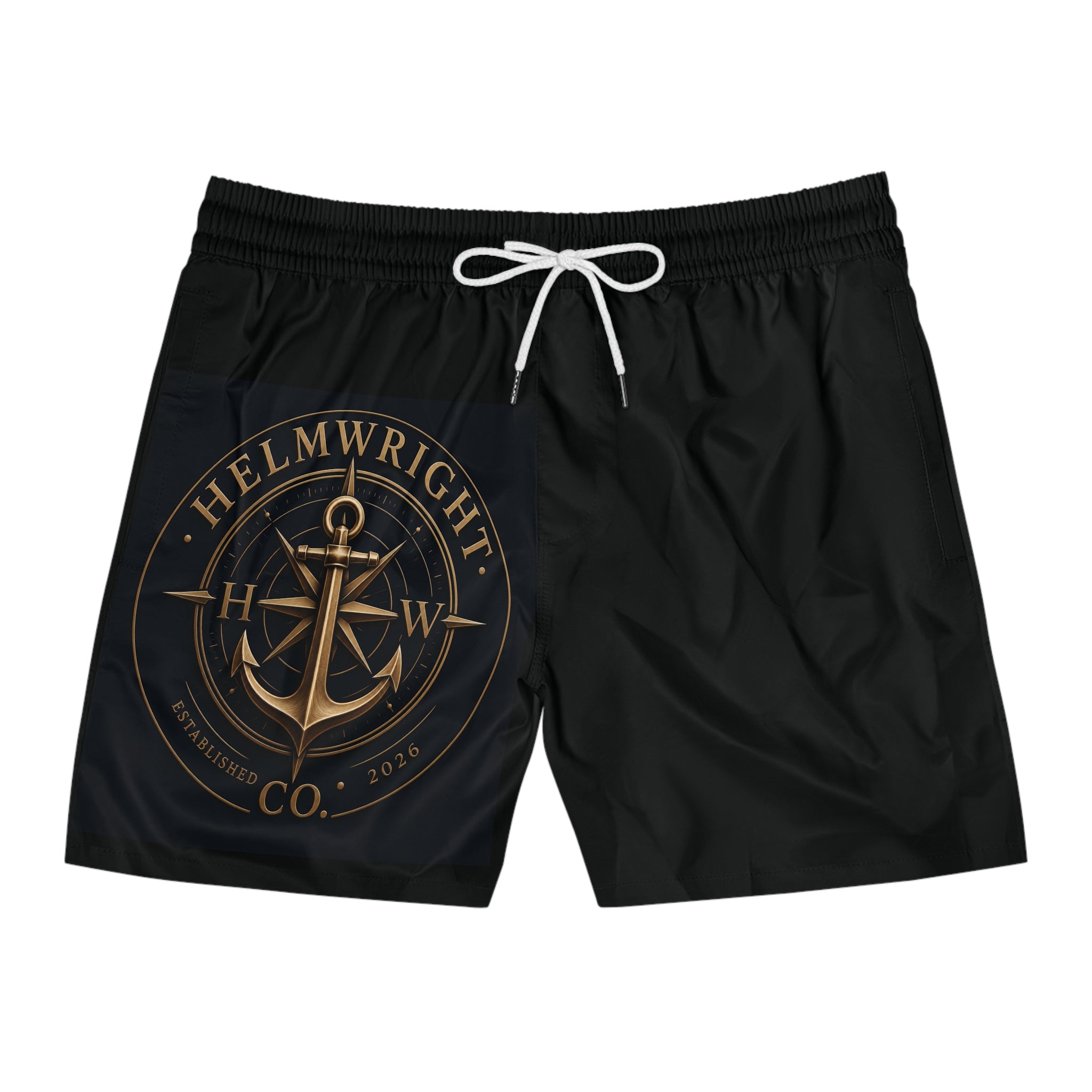 Helmwright Co. Anchor Logo Swim Shorts — Men's Black Mid-Length Beach Trunks
