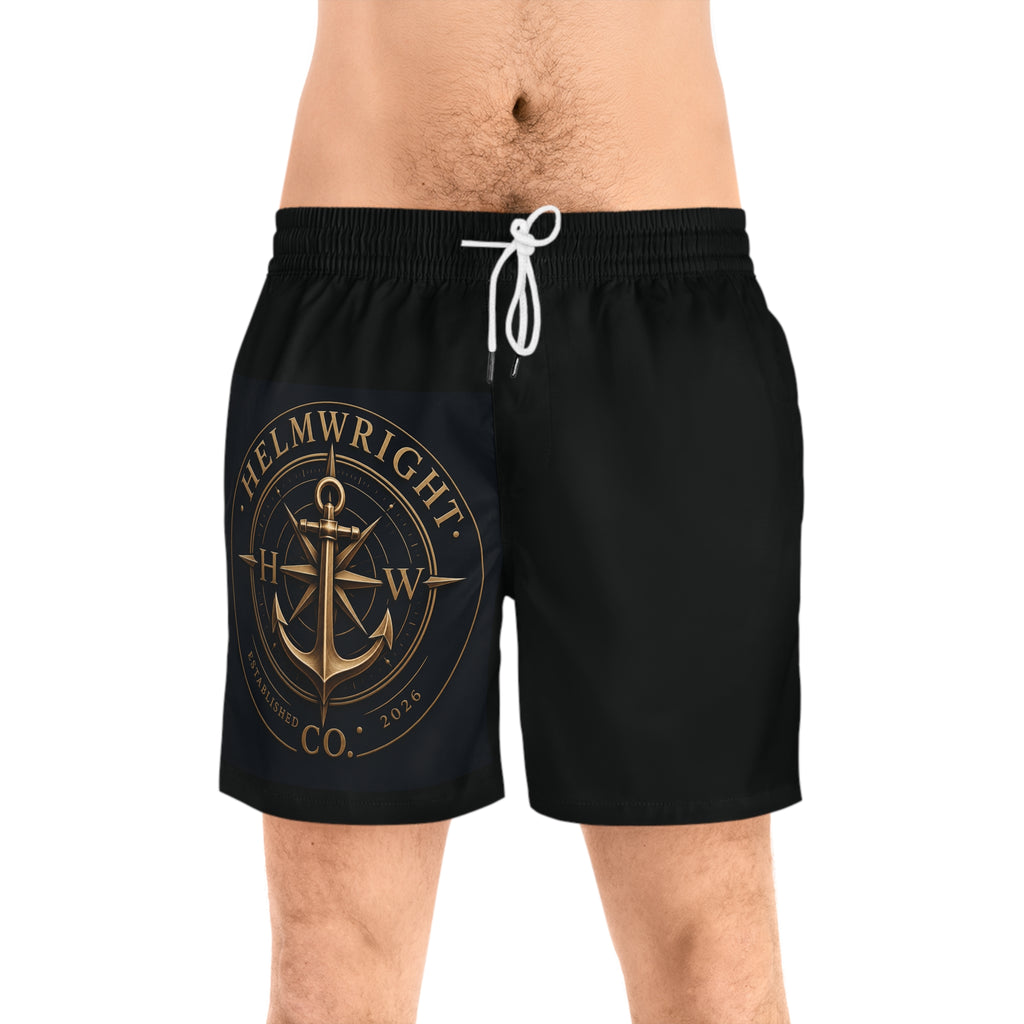 Helmwright Co. Anchor Logo Swim Shorts — Men's Black Mid-Length Beach Trunks